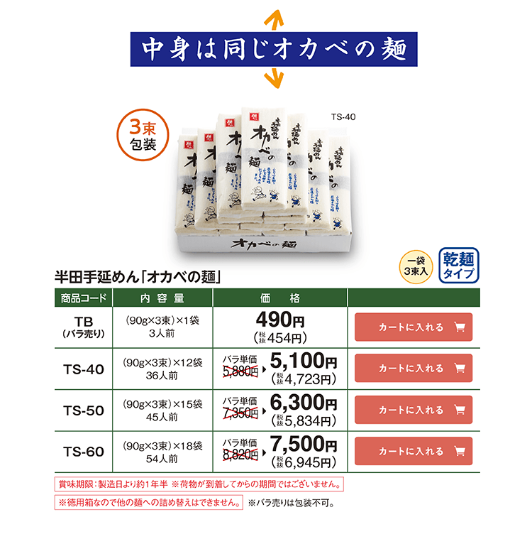 半田手延めん「オカベの麺」3束包装 TB(バラ売り) 490円(税抜454円) TS-40 5,100円(税抜4,723円) TS-50 6,300円(税抜5,834円) TS-60 7,500円(税抜6,945円)