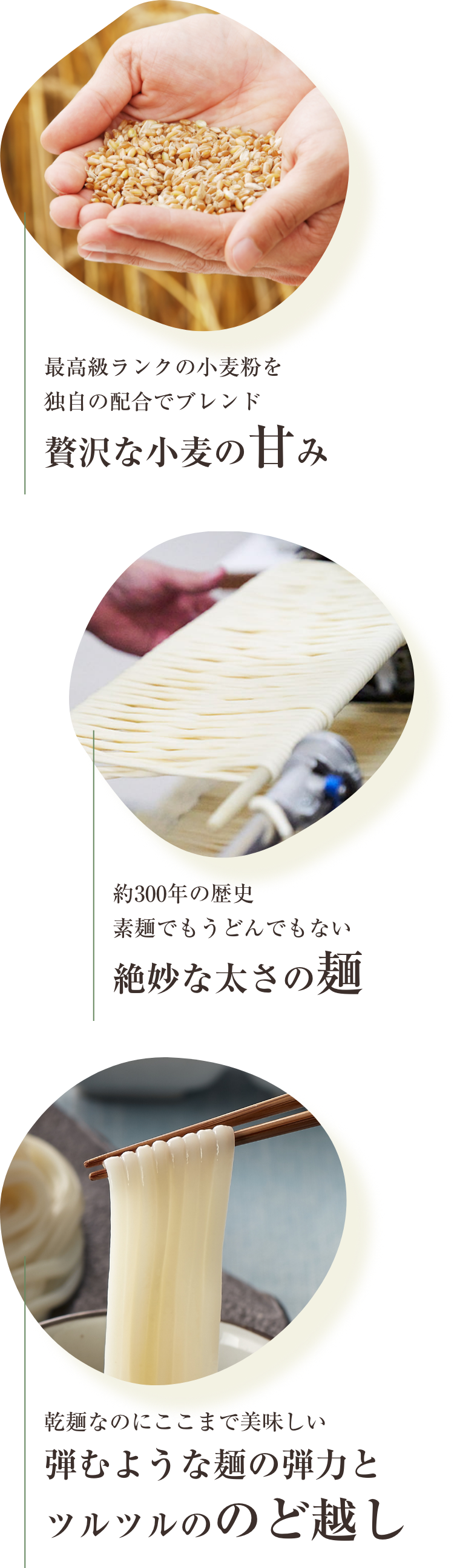 最高級ランクの小麦粉を独自の配合でブレンド贅沢な小麦の甘み。約300年の歴史素麺でもうどんでもない絶妙な太さの麺。乾麺なのにここまで美味しい弾むような麺の弾力とツルツルののど越し
