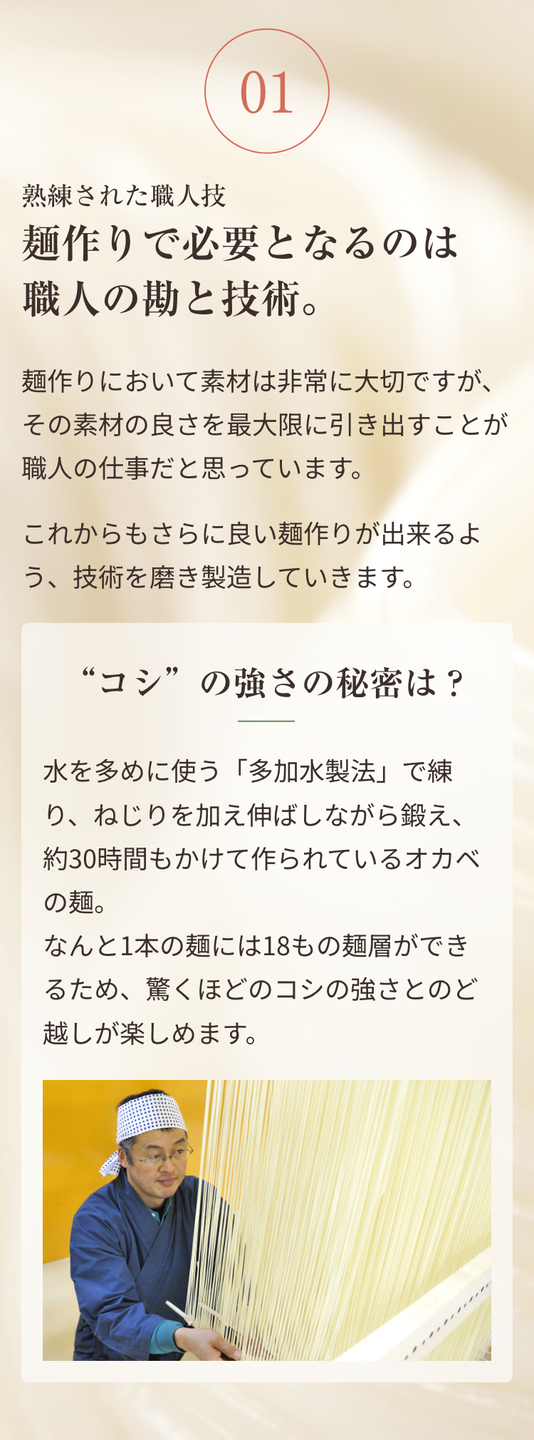 01 熟練された職人技 麺作りで必要となるのは職人の勘と技術。麺作りにおいて素材は非常に大切ですが、その素材の良さを最大限に引き出すことが職人の仕事だと思っています。これからもさらに良い麺作りが出来るよう、技術を磨き製造していきます。“コシ”の強さの秘密は？水を多めに使う「多加水製法」で練り、ねじりを加え延ばしながら鍛え、約30時間もかけて作られているオカベの麺。なんと1本の麺には18もの麺層ができるため、驚くほどのコシの強さとのど越しが楽しめます。