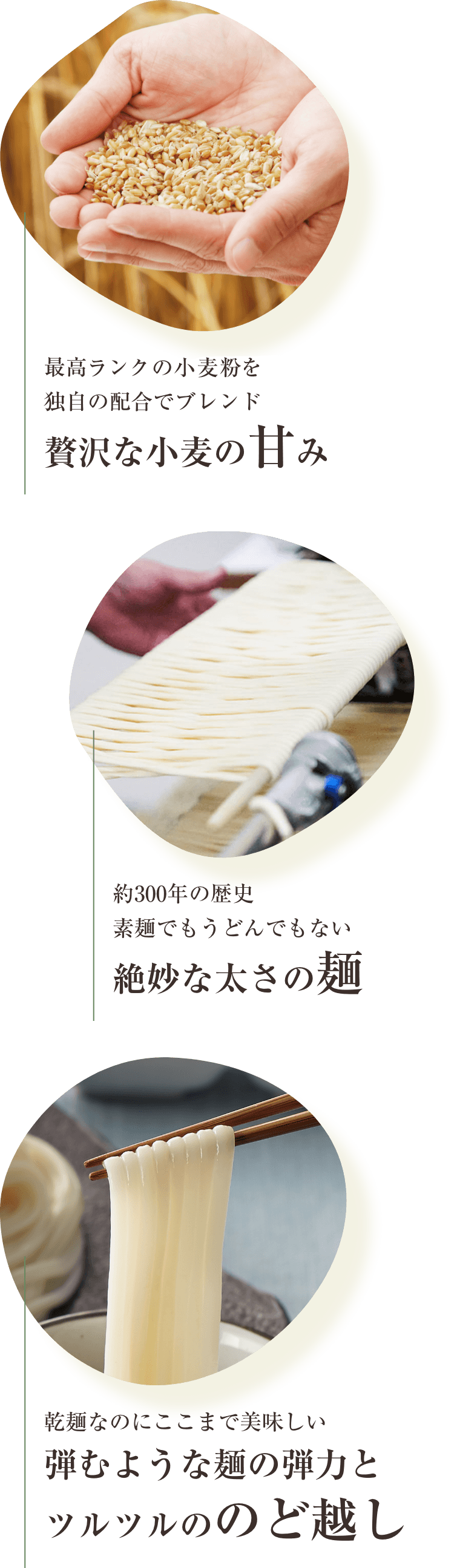 最高級の小麦粉を独自の配合でブレンド贅沢な小麦の甘み。約300年の歴史素麺でもうどんでもない絶妙な太さの麺。乾麺なのにここまで美味しい弾むような麺の弾力とツルツルののど越し
