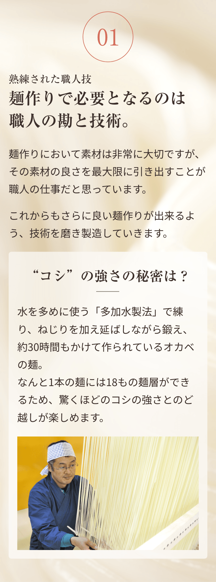 01 熟練された職人技 麺作りで必要となるのは職人の勘と技術。麺作りにおいて素材は非常に大切ですが、その素材の良さを最大限に引き出すことが職人の仕事だと思っています。これからもさらに良い麺作りが出来るよう、技術を磨き製造していきます。“コシ”の強さの秘密は？水を多めに使う「多加水製法」で練り、ねじりを加え延ばしながら鍛え、約30時間もかけて作られているオカベの麺。なんと1本の麺には18もの麺層ができるため、驚くほどのコシの強さとのど越しが楽しめます。