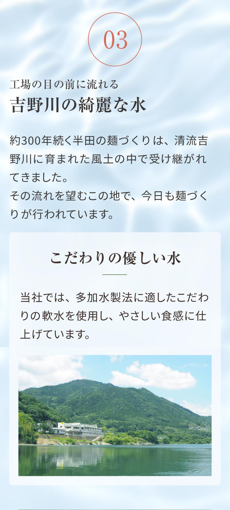 03 工場の目の前に流れる 吉野川の綺麗な水。約300年続く半田の麺づくりは、清流吉野川に育まれた風土の中で受け継がれてきました。その流れを望むこの地で、今日も麺づくりが行われています。こだわりの優しい水。当社では多加水製法に適したこだわりの軟水を使用し、やさしい食感に仕上げています。
